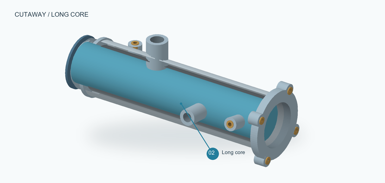 Cutaway housing showing the long internal core