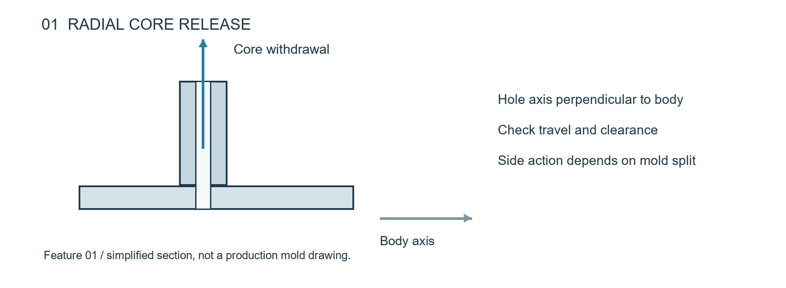 Radial core section with hole axis perpendicular to the body axis